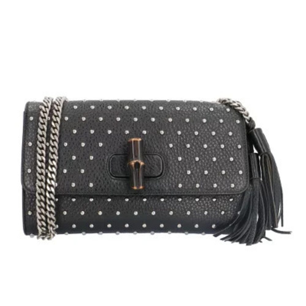 Gucci Studded Bamboo Shoulder Bag Leather Black Chain Fringe